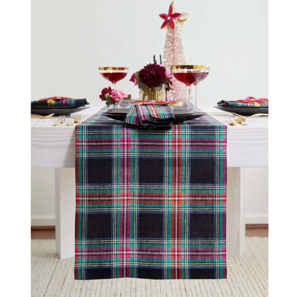 Solino Home Jewel Plaid Table Runner 14 x 60" Black Jewel Color 100% Linen